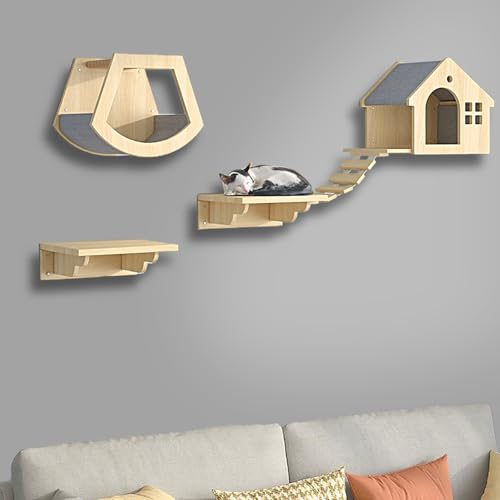 ZSXZCBDQ Katzenkletterwand Set, Katzentreppe Wand, Regale und Sitzstangen für Die Wand, Kletterregal, Spielplatz, Kratzbaum mit 3 Stufen, Indoor-Katzenhaus(4pcs) von ZSXZCBDQ