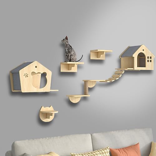 ZSXZCBDQ Katzenkletterwand Set, Katzentreppe Wand, Regale und Sitzstangen für Die Wand, Kletterregal, Spielplatz, Kratzbaum mit 3 Stufen, Indoor-Katzenhaus(7pcs) von ZSXZCBDQ