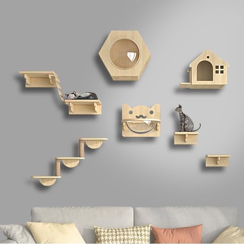 ZSXZCBDQ Katzenkletterwand Set, Katzentreppe Wand, Regale und Sitzstangen für Die Wand, Kletterregal, Spielplatz, Kratzbaum mit 3 Stufen, Indoor-Katzenhaus(9pcs) von ZSXZCBDQ