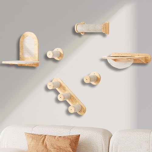 ZSXZCBDQ Katzentreppe, Katzenkletterwand Set, Wandmontiertes Katzenklettergerüst aus Gummibaumholz – 20 Kg Tragkraft, Abnehmbares Hängebett und Naturholzdesign(6pcs) von ZSXZCBDQ