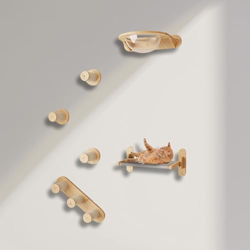 ZSXZCBDQ Katzentreppe, Katzenkletterwand Set, Wandmontiertes Katzenklettergerüst aus Gummibaumholz – 20 Kg Tragkraft, Abnehmbares Hängebett und Naturholzdesign(6pcs2) von ZSXZCBDQ