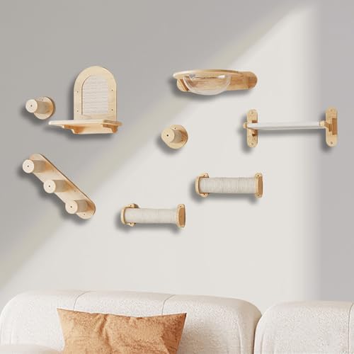 ZSXZCBDQ Katzentreppe, Katzenkletterwand Set, Wandmontiertes Katzenklettergerüst aus Gummibaumholz – 20 Kg Tragkraft, Abnehmbares Hängebett und Naturholzdesign(8pcs) von ZSXZCBDQ