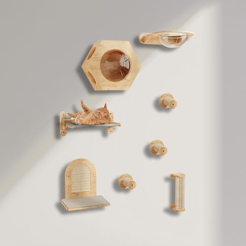 ZSXZCBDQ Katzentreppe, Katzenkletterwand Set, Wandmontiertes Katzenklettergerüst aus Gummibaumholz – 20 Kg Tragkraft, Abnehmbares Hängebett und Naturholzdesign(8pcs2) von ZSXZCBDQ
