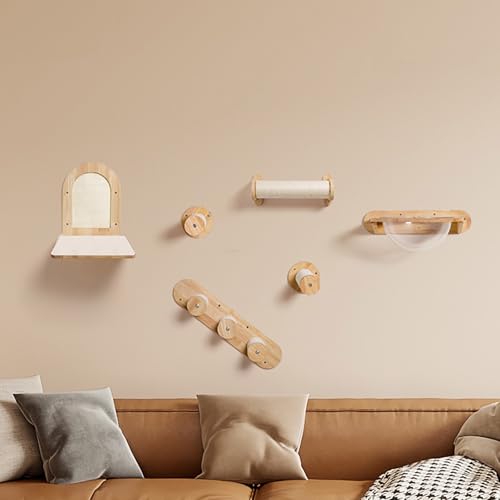 ZSXZCBDQ Katzentreppe Wand, Wand Montierte Katze-Hängematte – Original-Holzfarbe, Vorbohrset (Schrauben Inklusive), mit Abnehmbarer Matratze(6pcs) von ZSXZCBDQ