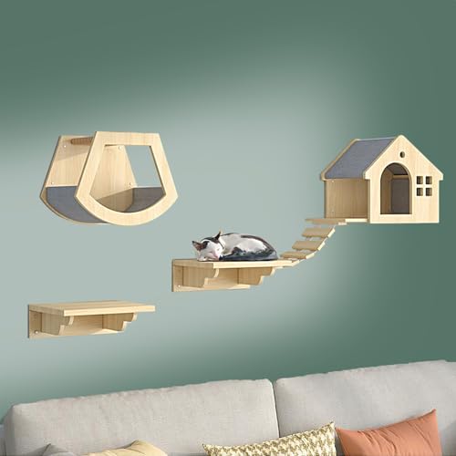 ZSXZCBDQ Katzenturm, Katzenspielturm, Kiefernholz, Möbelset, Regale und Sitzstangen für Die Wand, Kletterregal, Spielplatz, Kratzbaum(4pcs) von ZSXZCBDQ