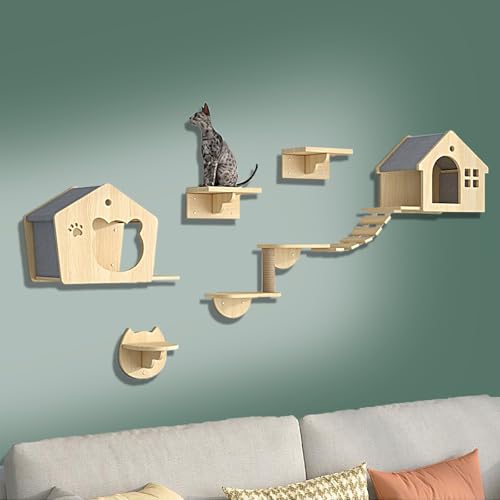 ZSXZCBDQ Katzenturm, Katzenspielturm, Kiefernholz, Möbelset, Regale und Sitzstangen für Die Wand, Kletterregal, Spielplatz, Kratzbaum(7pcs) von ZSXZCBDQ