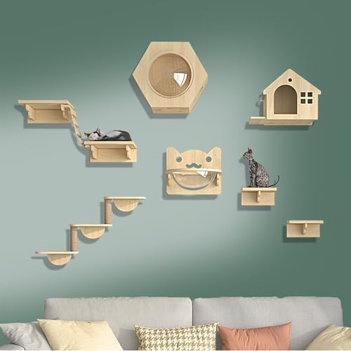 ZSXZCBDQ Katzenturm, Katzenspielturm, Kiefernholz, Möbelset, Regale und Sitzstangen für Die Wand, Kletterregal, Spielplatz, Kratzbaum(9pcs) von ZSXZCBDQ