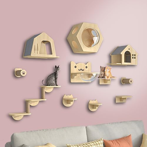 ZSXZCBDQ Katzenwandmöbel, 7-teiliges Katzenmöbel-Set Aus Kiefernholz Zur Wandmontage mit Kletterregalen, Sitzstangen, Brücke, Raumkapsel und Kratzbrett(11pcs) von ZSXZCBDQ