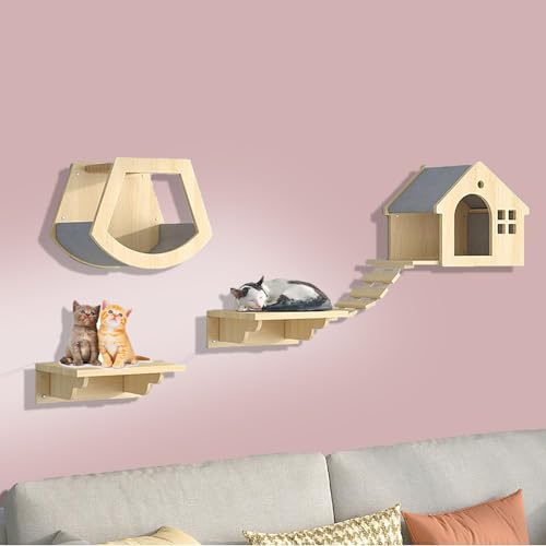 ZSXZCBDQ Katzenwandmöbel, 7-teiliges Katzenmöbel-Set Aus Kiefernholz Zur Wandmontage mit Kletterregalen, Sitzstangen, Brücke, Raumkapsel und Kratzbrett(4pcs) von ZSXZCBDQ