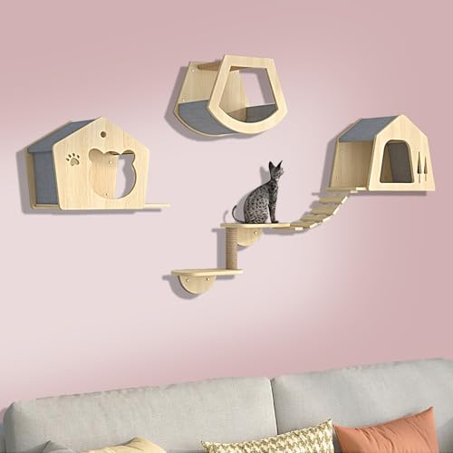 ZSXZCBDQ Katzenwandmöbel, 7-teiliges Katzenmöbel-Set Aus Kiefernholz Zur Wandmontage mit Kletterregalen, Sitzstangen, Brücke, Raumkapsel und Kratzbrett(5pcs) von ZSXZCBDQ