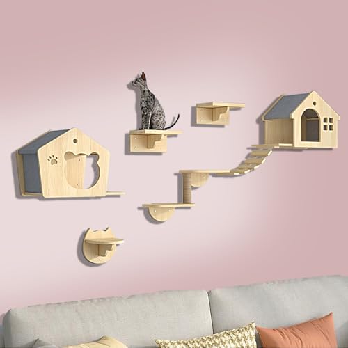 ZSXZCBDQ Katzenwandmöbel, 7-teiliges Katzenmöbel-Set Aus Kiefernholz Zur Wandmontage mit Kletterregalen, Sitzstangen, Brücke, Raumkapsel und Kratzbrett(7pcs) von ZSXZCBDQ