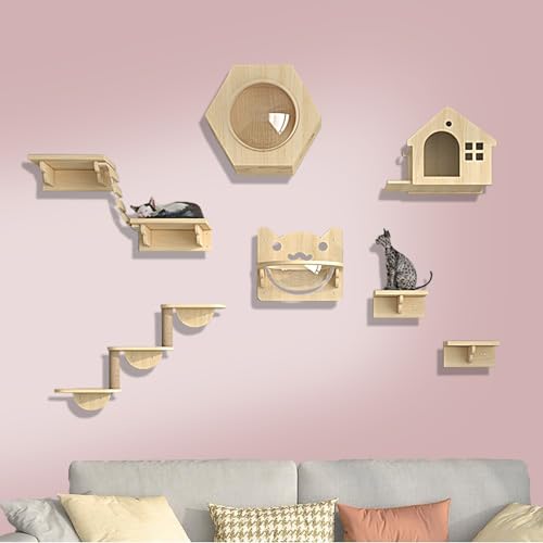 ZSXZCBDQ Katzenwandmöbel, 7-teiliges Katzenmöbel-Set Aus Kiefernholz Zur Wandmontage mit Kletterregalen, Sitzstangen, Brücke, Raumkapsel und Kratzbrett(9pcs) von ZSXZCBDQ