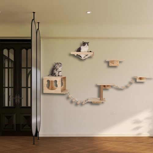 ZSXZCBDQ Kiefernholz-Katzenkletterwand Set: Katzenwandmöbel mit 4 Plattformen, Katzenleiter, Hängematte & Kratzstamm für Katzen - für Katzen für Haushalt von ZSXZCBDQ