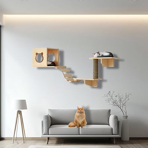 ZSXZCBDQ Kletterwand Katzen, Katzenwandregale und -sitzstangen, Massivholz-Kletterregale mit Klettergerüst, Katzenhaus, Kratzbaum, Leiter und Plattform, Raumkapsel(5pcs) von ZSXZCBDQ