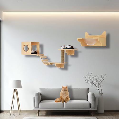 ZSXZCBDQ Kletterwand Katzen, Katzenwandregale und -sitzstangen, Massivholz-Kletterregale mit Klettergerüst, Katzenhaus, Kratzbaum, Leiter und Plattform, Raumkapsel(6pcs) von ZSXZCBDQ