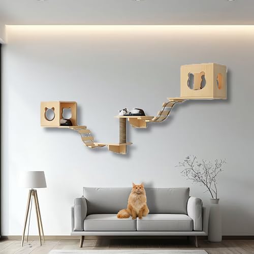 ZSXZCBDQ Kletterwand Katzen, Katzenwandregale und -sitzstangen, Massivholz-Kletterregale mit Klettergerüst, Katzenhaus, Kratzbaum, Leiter und Plattform, Raumkapsel(7pcs) von ZSXZCBDQ