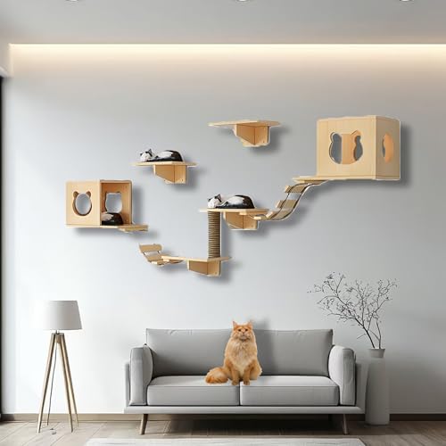 ZSXZCBDQ Kletterwand Katzen, Katzenwandregale und -sitzstangen, Massivholz-Kletterregale mit Klettergerüst, Katzenhaus, Kratzbaum, Leiter und Plattform, Raumkapsel(9pcs) von ZSXZCBDQ
