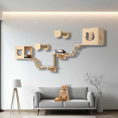 ZSXZCBDQ Kletterwand Katzen, Katzenwandregale und -sitzstangen, Massivholz-Kletterregale mit Klettergerüst, Katzenhaus, Kratzbaum, Leiter und Plattform, Raumkapsel(9pcs1) von ZSXZCBDQ