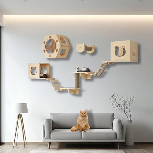 ZSXZCBDQ Kletterwand Katzen, Katzenwandregale und -sitzstangen, Massivholz-Kletterregale mit Klettergerüst, Katzenhaus, Kratzbaum, Leiter und Plattform, Raumkapsel(9pcs2) von ZSXZCBDQ