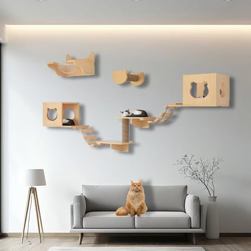 ZSXZCBDQ Kletterwand Katzen, Katzenwandregale und -sitzstangen, Massivholz-Kletterregale mit Klettergerüst, Katzenhaus, Kratzbaum, Leiter und Plattform, Raumkapsel(9pcs3) von ZSXZCBDQ