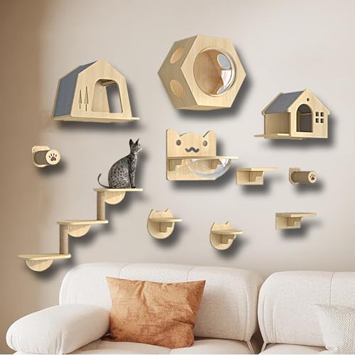 ZSXZCBDQ Kletterwand Katzen Set, Katzen Katzentreppe Wand, DIY-Katzenwand-Spielplatz, Holzkletterwand mit Kratzbaum, 8 Kg Extrem Belastbar – Exklusiv für Katzen(11pcs) von ZSXZCBDQ