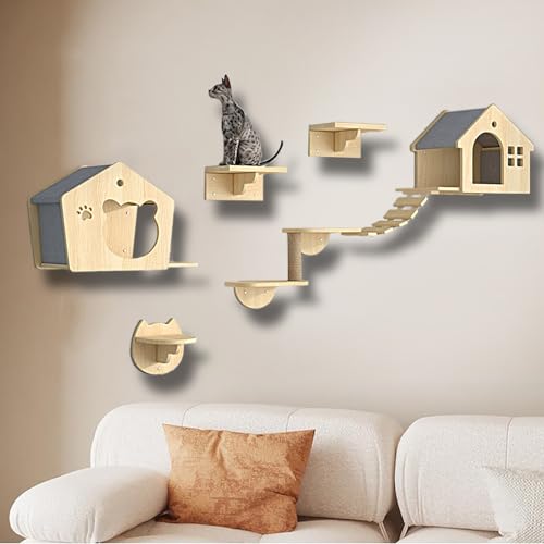 ZSXZCBDQ Kletterwand Katzen Set, Katzen Katzentreppe Wand, DIY-Katzenwand-Spielplatz, Holzkletterwand mit Kratzbaum, 8 Kg Extrem Belastbar – Exklusiv für Katzen(7pcs) von ZSXZCBDQ