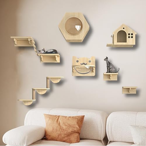 ZSXZCBDQ Kletterwand Katzen Set, Katzen Katzentreppe Wand, DIY-Katzenwand-Spielplatz, Holzkletterwand mit Kratzbaum, 8 Kg Extrem Belastbar – Exklusiv für Katzen(9pcs) von ZSXZCBDQ