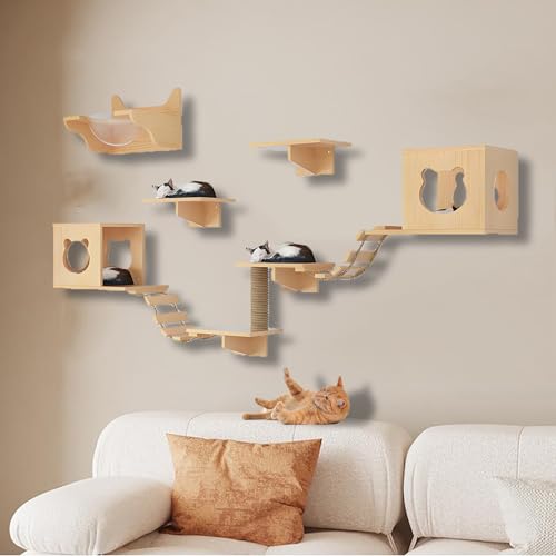 ZSXZCBDQ Kletterwand Katzen Set, Kletterwand Katzen aus Massivholz, Katzenbett mit Kratzbaum Zur Wandmontage,ideal Zum Spielen, Schlafen und Fressen(10pcs) von ZSXZCBDQ