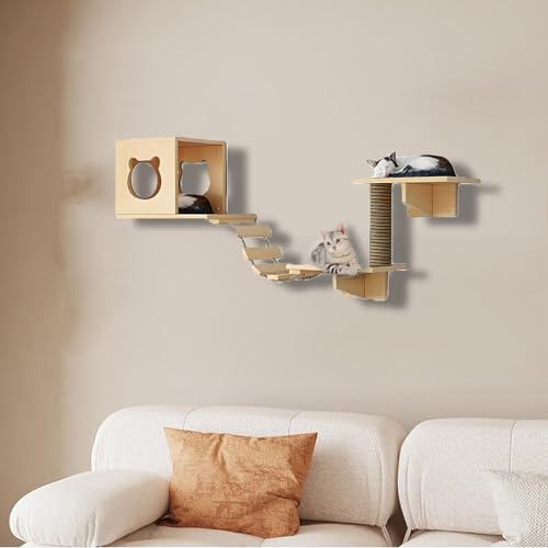 ZSXZCBDQ Kletterwand Katzen Set, Kletterwand Katzen aus Massivholz, Katzenbett mit Kratzbaum Zur Wandmontage,ideal Zum Spielen, Schlafen und Fressen(5pcs) von ZSXZCBDQ