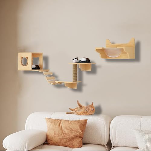 ZSXZCBDQ Kletterwand Katzen Set, Kletterwand Katzen aus Massivholz, Katzenbett mit Kratzbaum Zur Wandmontage,ideal Zum Spielen, Schlafen und Fressen(6pcs) von ZSXZCBDQ