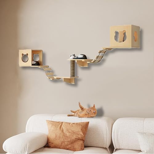 ZSXZCBDQ Kletterwand Katzen Set, Kletterwand Katzen aus Massivholz, Katzenbett mit Kratzbaum Zur Wandmontage,ideal Zum Spielen, Schlafen und Fressen(7pcs) von ZSXZCBDQ
