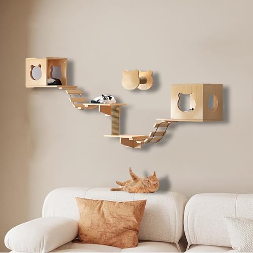 ZSXZCBDQ Kletterwand Katzen Set, Kletterwand Katzen aus Massivholz, Katzenbett mit Kratzbaum Zur Wandmontage,ideal Zum Spielen, Schlafen und Fressen(8pcs) von ZSXZCBDQ