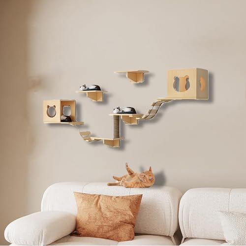 ZSXZCBDQ Kletterwand Katzen Set, Kletterwand Katzen aus Massivholz, Katzenbett mit Kratzbaum Zur Wandmontage,ideal Zum Spielen, Schlafen und Fressen(9pcs) von ZSXZCBDQ