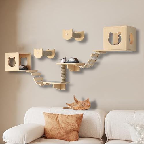 ZSXZCBDQ Kletterwand Katzen Set, Kletterwand Katzen aus Massivholz, Katzenbett mit Kratzbaum Zur Wandmontage,ideal Zum Spielen, Schlafen und Fressen(9pcs1) von ZSXZCBDQ