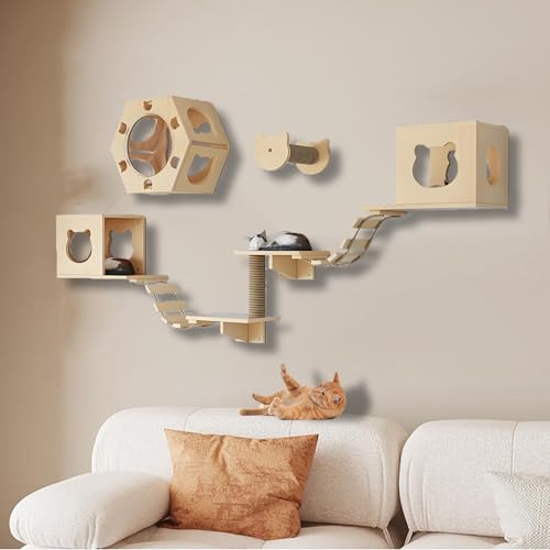 ZSXZCBDQ Kletterwand Katzen Set, Kletterwand Katzen aus Massivholz, Katzenbett mit Kratzbaum Zur Wandmontage,ideal Zum Spielen, Schlafen und Fressen(9pcs2) von ZSXZCBDQ
