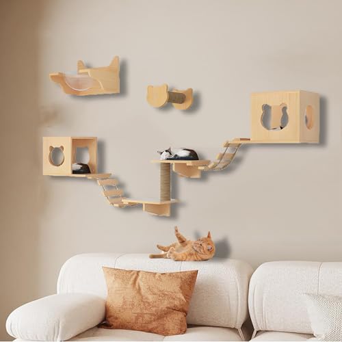 ZSXZCBDQ Kletterwand Katzen Set, Kletterwand Katzen aus Massivholz, Katzenbett mit Kratzbaum Zur Wandmontage,ideal Zum Spielen, Schlafen und Fressen(9pcs3) von ZSXZCBDQ