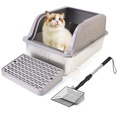 Geschlossene Katzentoilette aus Edelstahl mit Deckel, XL Extra Groß für Großkatzen, Metall Katzentoilette hochseitig, nimmt nie Gerüche auf, Anti-Urinleckage, inklusive Langgriffschaufel von ZSZLZM