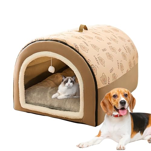 Katzenbett Höhle | 2 in 1 Abnehmbares Katzenhaus mit Kugelanhänger – Katzenversteck Haus, warm, waschbar, gemütlich, Hundebetten für große Hunde, bequemes Hundebett mit Abdeckhöhle für Haustiere, von ZUREGO