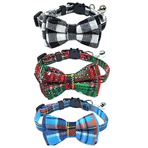 3 Stück Weihnachts-Katzenhalsband mit Glocke und Fliege, Schnellentriegelung, Sicherheit, weiche Halsbänder für Kätzchen und Katzen von ZWZNBL