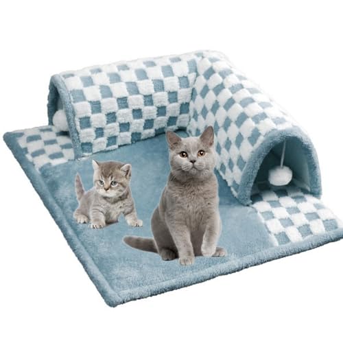 2-in-1 Funny Plush Plaid Checkered Cat Tunnel Bed, Large Cat Tunnel Bed for Indoor Cat (Blue,M(1-4.5LB)) von ZXCVB