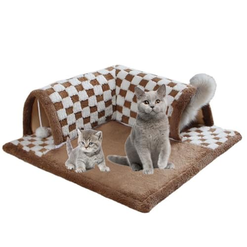 2-in-1 Funny Plush Plaid Checkered Cat Tunnel Bed, Large Cat Tunnel Bed for Indoor Cat (Coffee,L(4.5-13LB)) von ZXCVB