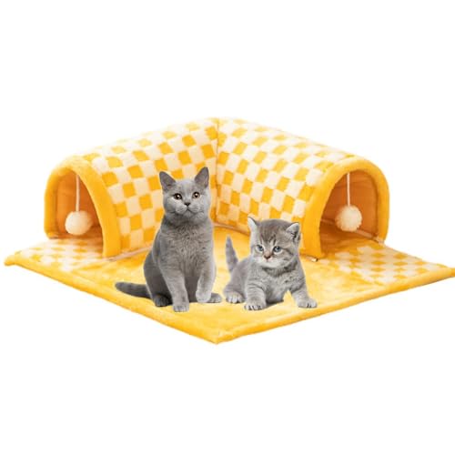 2-in-1 Funny Plush Plaid Checkered Cat Tunnel Bed, Large Cat Tunnel Bed for Indoor Cat (Yellow,M(1-4.5LB)) von ZXCVB