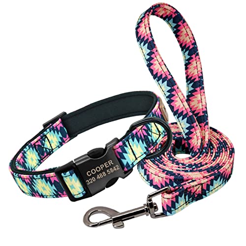 1 Stück Personalisiertes Hundehalsband mit Leine Nylon-Haustierhalsbänder Bunt Bedruckte Laufleine für kleine mittelgroße Hunde-Set Pink,L von ZXDC