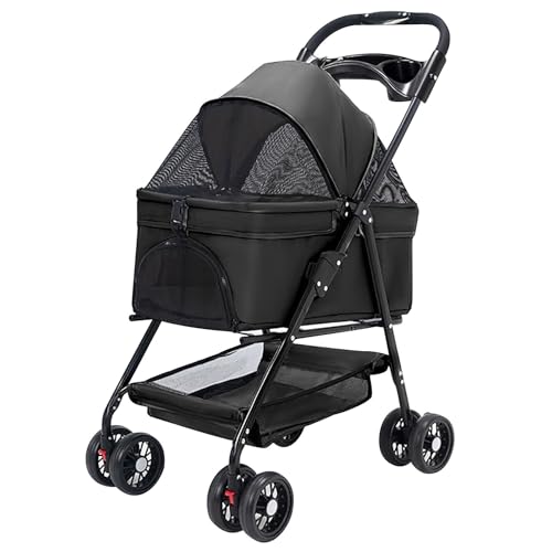 ZXDRYBHD Hunde Kinderwagen, Kinderwagen für Haustierprodukte, Hundebuggy, Netzpaneele, Abnehmbare Tragetasche, Zusammenklappbar, für Kleine Haustiere(Black) von ZXDRYBHD