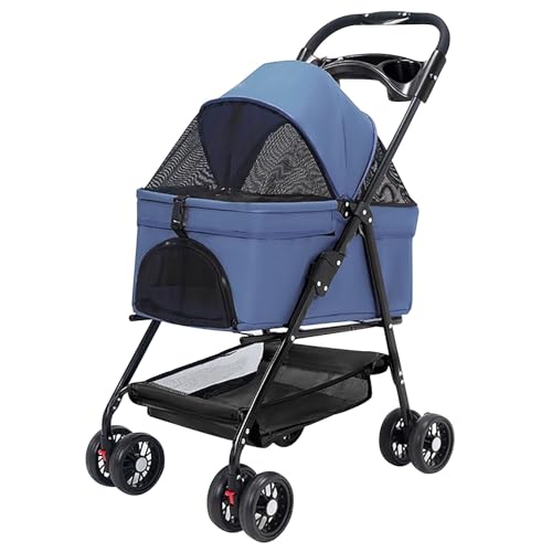 ZXDRYBHD Hunde Kinderwagen, Kinderwagen für Haustierprodukte, Hundebuggy, Netzpaneele, Abnehmbare Tragetasche, Zusammenklappbar, für Kleine Haustiere(Blue) von ZXDRYBHD