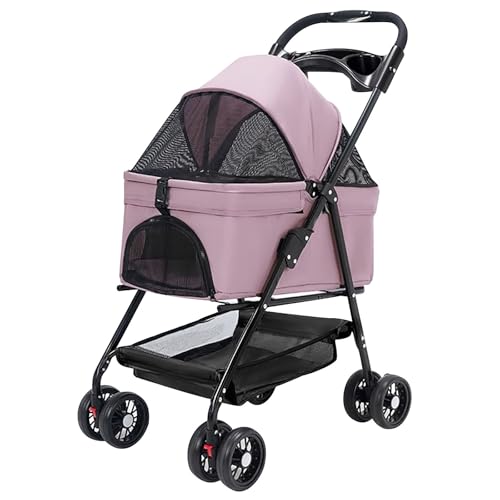 ZXDRYBHD Hunde Kinderwagen, Kinderwagen für Haustierprodukte, Hundebuggy, Netzpaneele, Abnehmbare Tragetasche, Zusammenklappbar, für Kleine Haustiere(Pink) von ZXDRYBHD