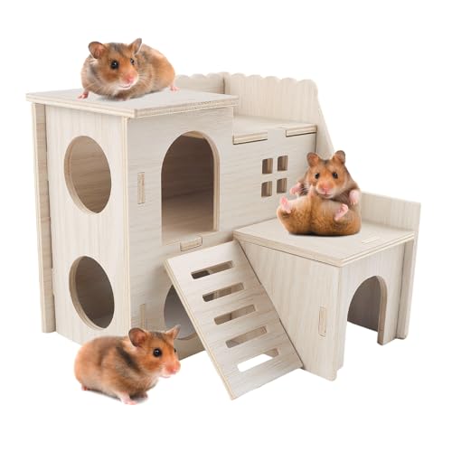 ZXShow Zwerghamster Zubehör Haus Nagerhaus Meerschweinchen Holz Hamsterhaus Spielzeug Naturbelassenes (15.5 × 14 × 14.5) von ZXShow