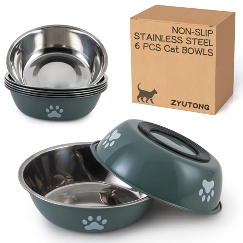 Katzennäpfe aus Edelstahl, rutschfest, Edelstahl, Katzenschüssel, Metall, Katzenschüssel, Schnurrhaar, Müdigkeit, Kätzchen-Teller, flach, breit, 14 cm, Schnurrhaar-freundlich, 6 Stück, Grün von ZYUTONG