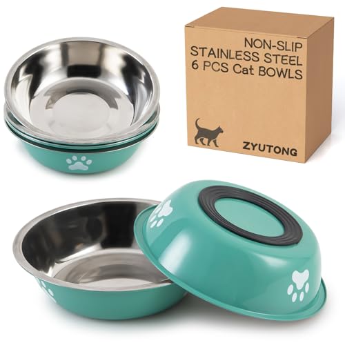 Katzennäpfe aus Edelstahl, rutschfest, Edelstahl, Katzenschüssel, Metall, Katzenschüssel, Schnurrhaar, Müdigkeit, Kätzchen-Teller, flach, breit, 14 cm, Schnurrhaar-freundlicher Futternapf, Hellgrün, 6 von ZYUTONG