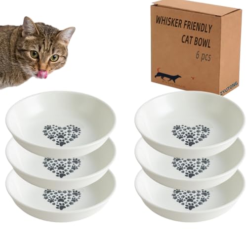 Keramik-Katzenschüssel mit Schnurrhaar, 14 cm, flacher Futternapf, niedliche Kätzchen-Teller für Nassfutter, Schnurrhaarfreundlich, rutschfest, breit, weiß, Herz- und Krallenmuster, 6 Stück Keramik-Katzenschüssel mit Schnurrhaar, 14 cm, flacher Futternapf, niedliche Kätzchen-Teller für Nassfutter, Schnurrhaarfreundlich, rutschfest, breit, weiß, Herz- und Krallenmuster, 6 Stück von ZYUTONG
